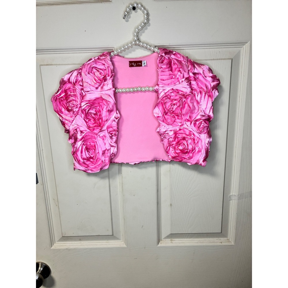 Ruby Rox Bolero Shrug Girls Large Pink Excellent 3D Rosette Floral Satin jacket
